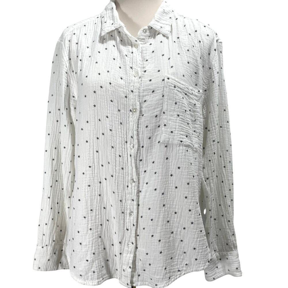 Dylan Button Up Gauze Top Casual Star Print White Long Sleeve Women's Size Large